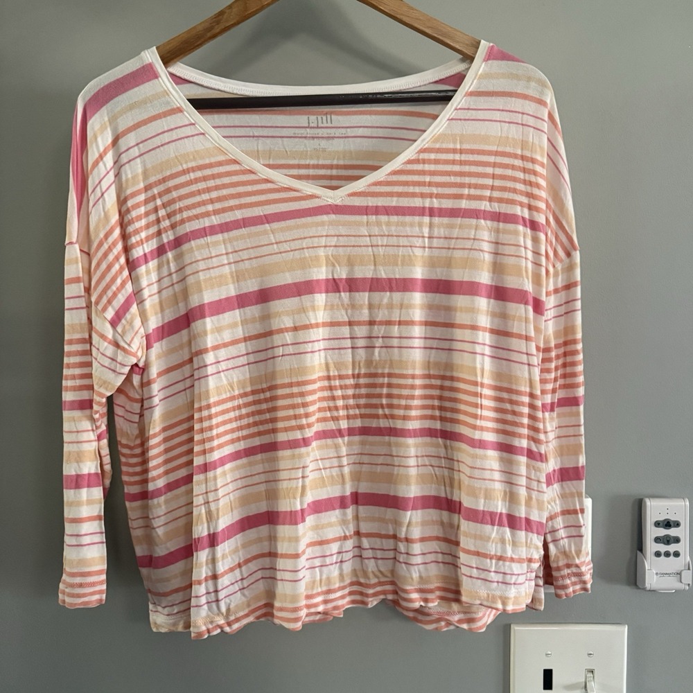 J Jill Top Striped Luxe Tencel‎ Blend V-Neck Blouse Pullover Petite Large